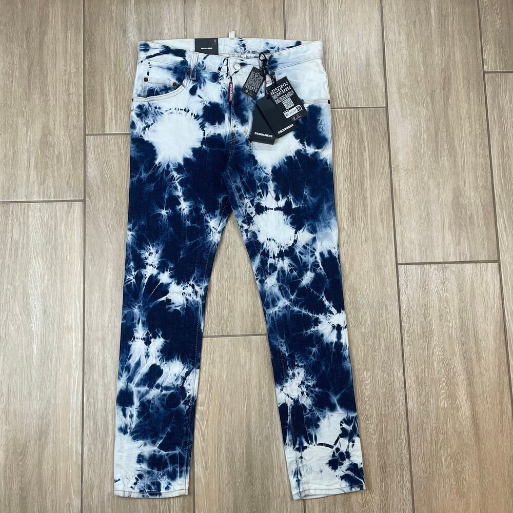 DSQUARED2 Skater Jeans Mens 32 Blue White Tie Dye Tapered NWT Made Italy